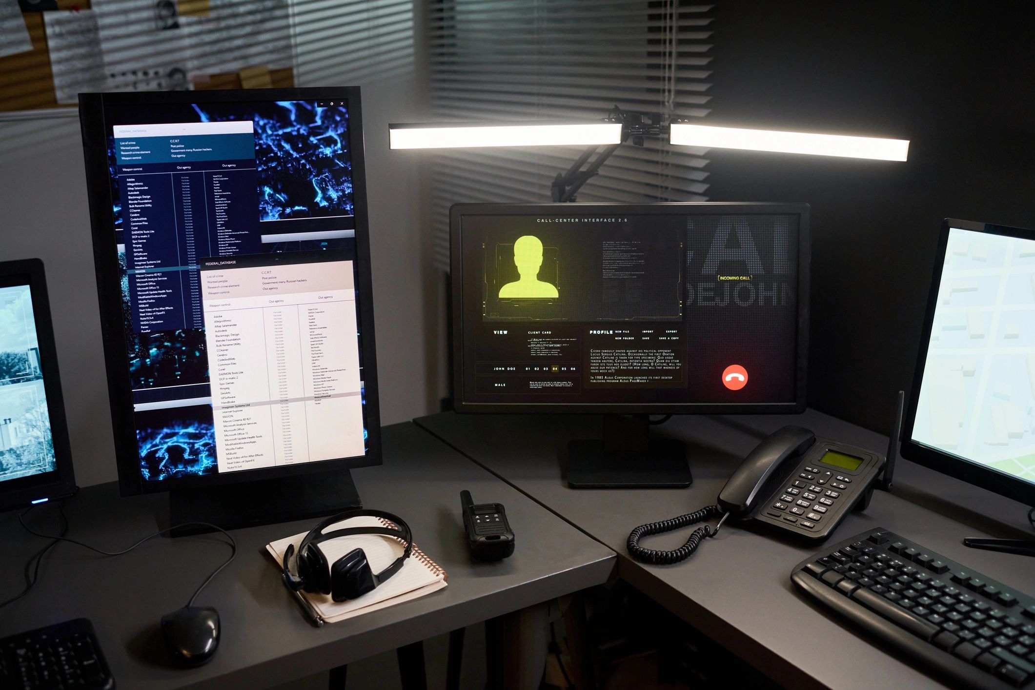 Editorial analysis workstation with maps and data screens